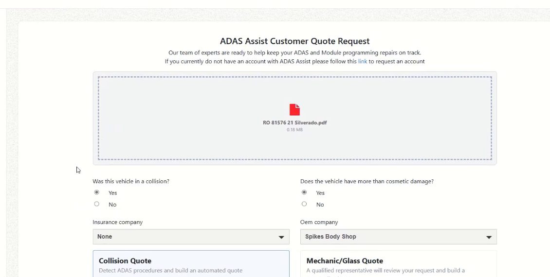 ADAS Assist customer quote request screen with an uploaded estimate PDF and collision questions